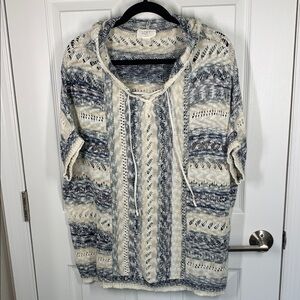 Loft Lounge blue and ivory short sleeved hooded boho sweater size large